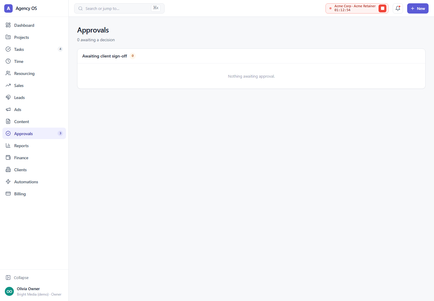 Approvals screen: timesheets and deliverables awaiting client sign-off