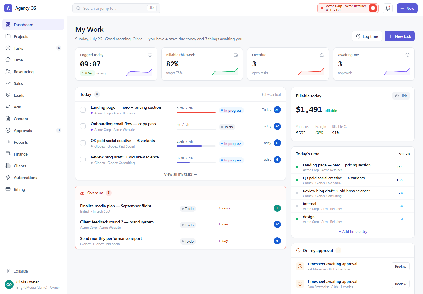 Chill CRM dashboard: tasks due today, hours logged, billable percentage and pending approvals