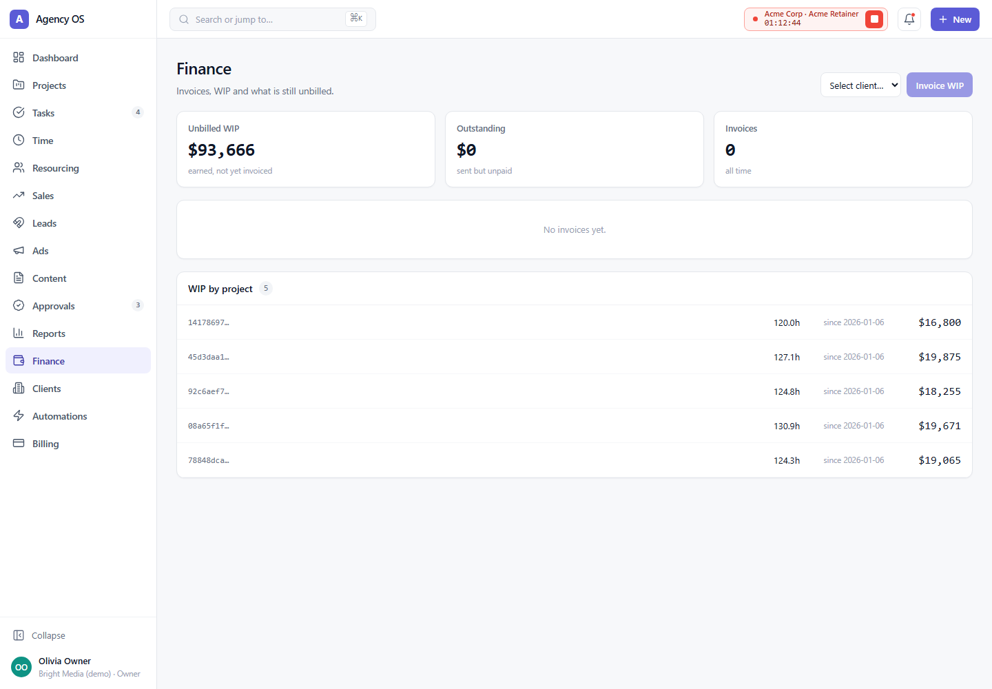 Finance screen: revenue, cost, margin and retainer balances per client